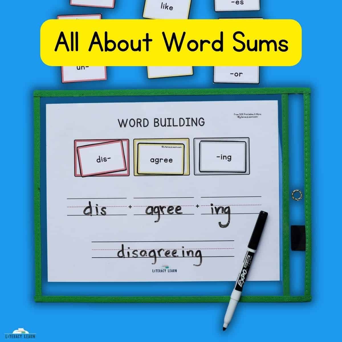 Blue photo of word sum worksheet morpheme cards, marker titled "All About Word Sums."