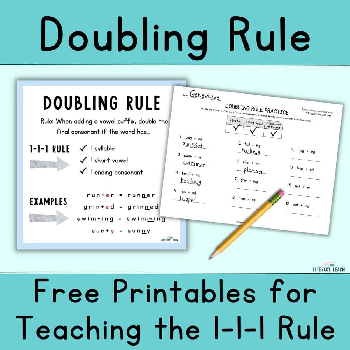 Blue image titled "Doubling Rule" with pictures of graphic, free worksheet, and pencil.