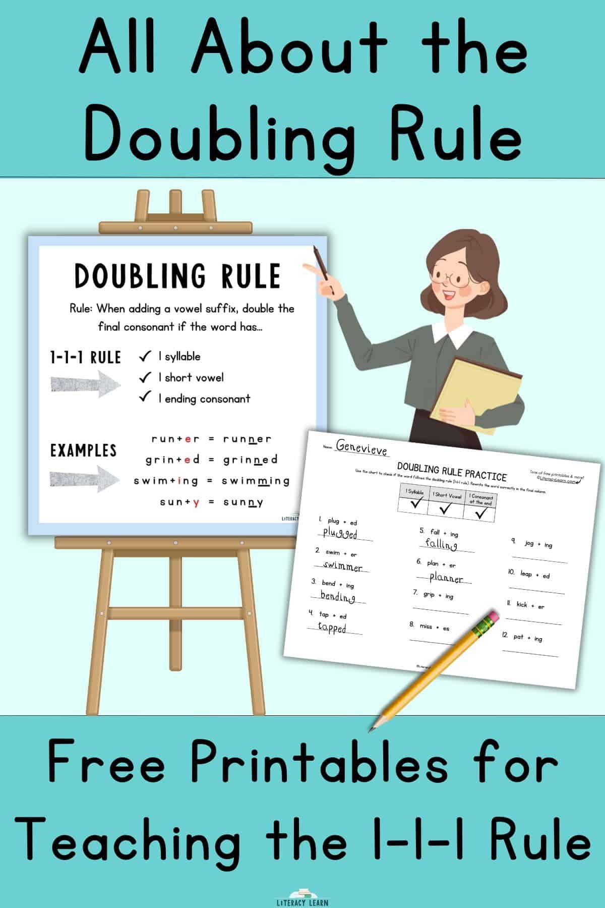 Blue graphic entitled "Doubling Rule" with pictures of two free printables, and teacher pointing to easel.