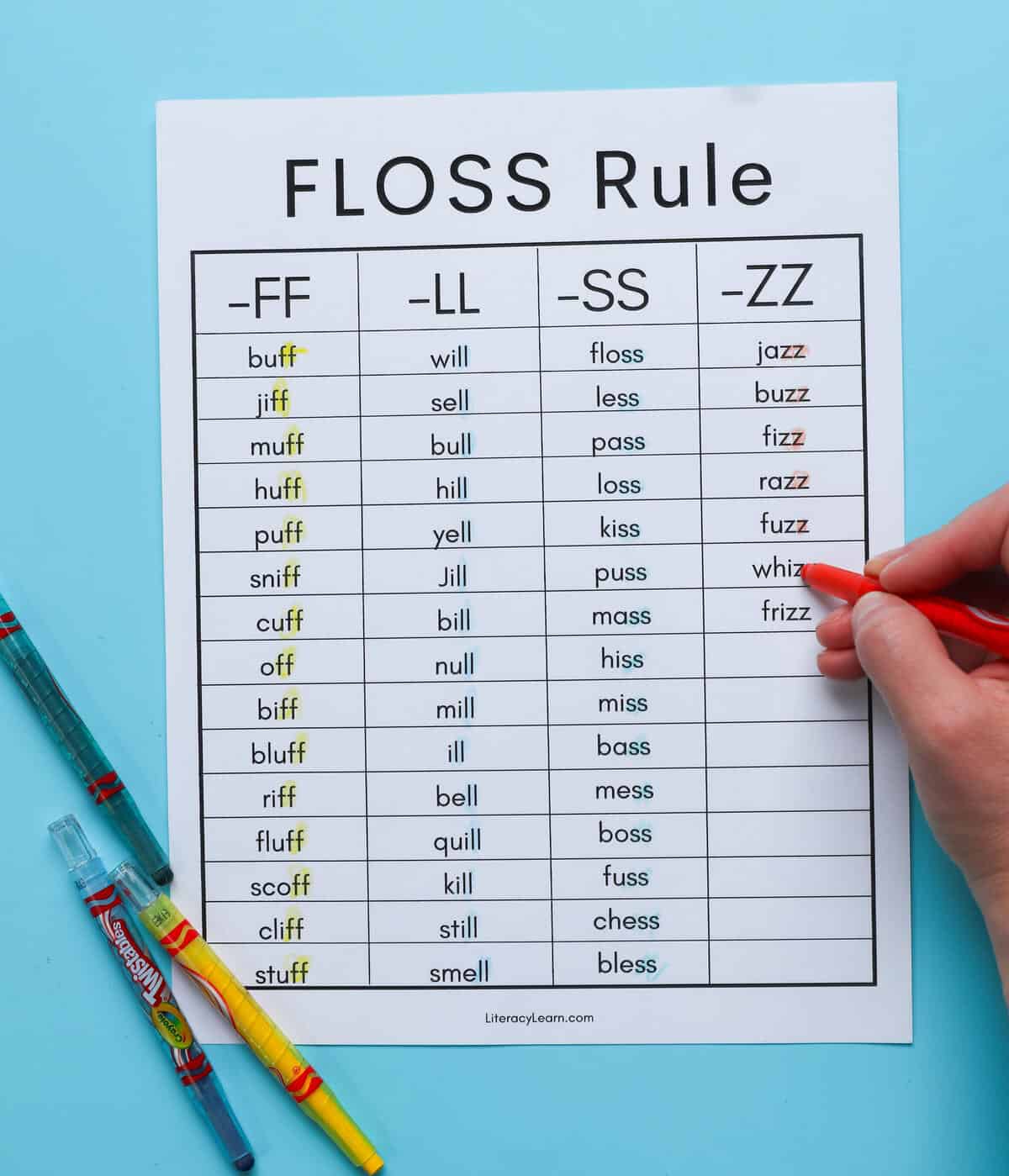 A student highlighting the floss letters on a printed list of FLOSS words.