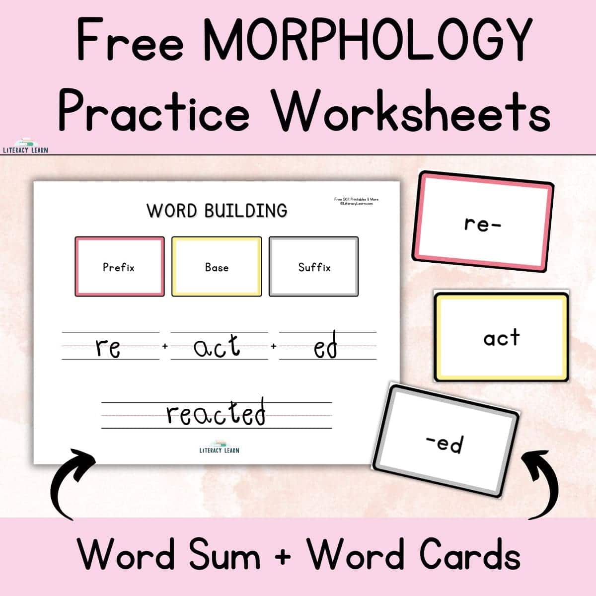 Pink graphic titled "Free Morphology Practice Worksheet" with word sum and word card practice sheets.