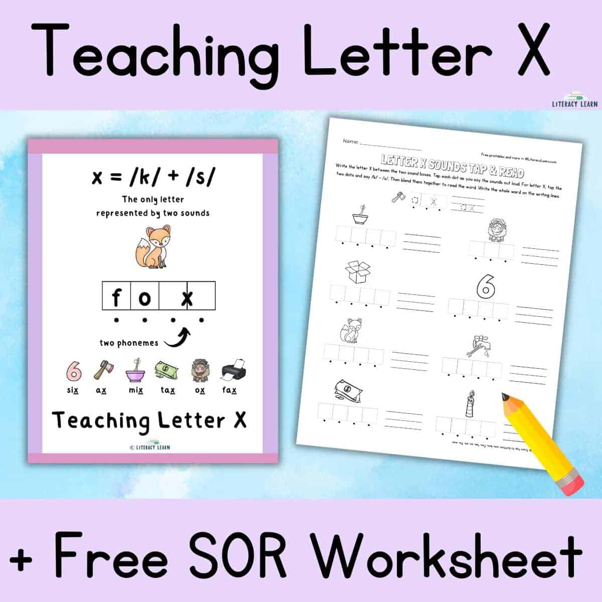 Colorful graphic entitled "Teaching Letter X" with images of worksheets and a pencil.
