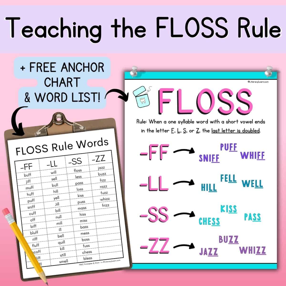 Colorful graphic with a FLOSS rule poster and word list. 