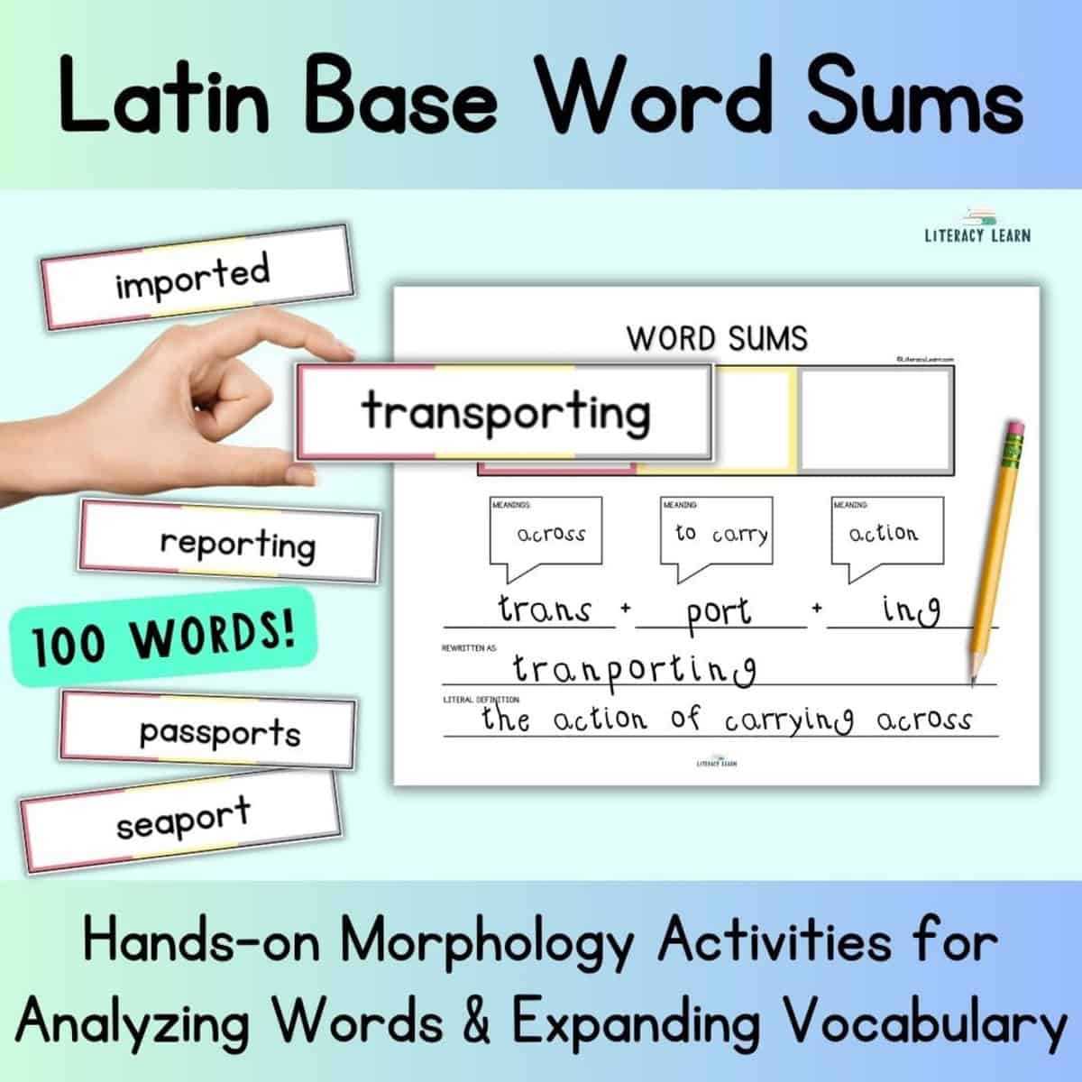 Blue graphic entitled "Latin Base Word Sums" showing word sum template and word cards.