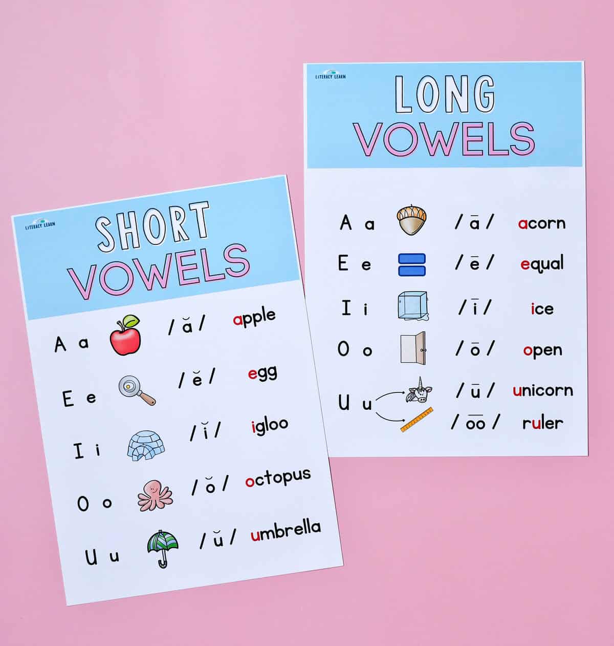 Two printed Long and Short vowels posters on a pink background.