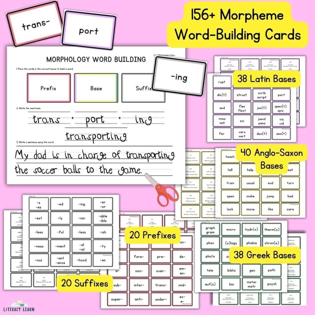 Pink graphic entitled "165+ Morpheme Word-Building Cards" with word cards and word building mat.