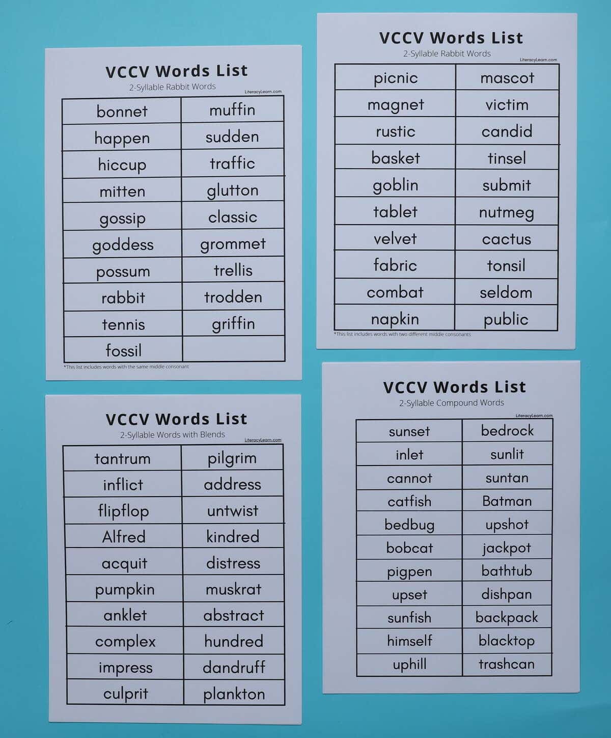 Four printed VCCV (Rabbit) Words lists on a blue background.