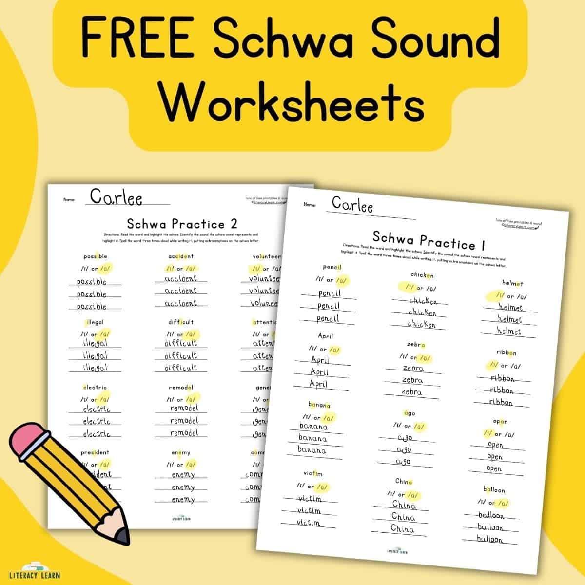 Yellow graphic with title "Free Schwa Sound Worksheets" showing 2 completed worksheets.