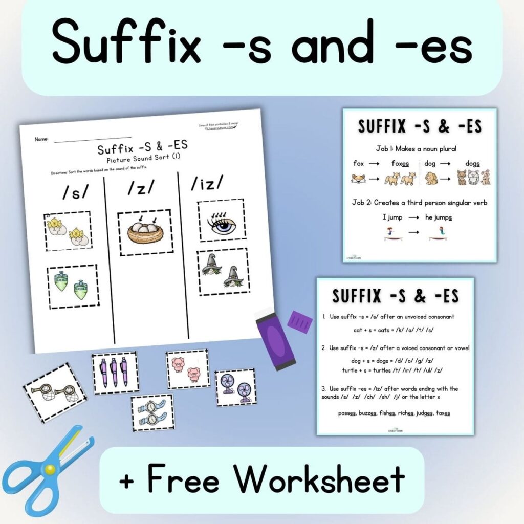 Colorful graphic with Suffix -s and -es worksheets.