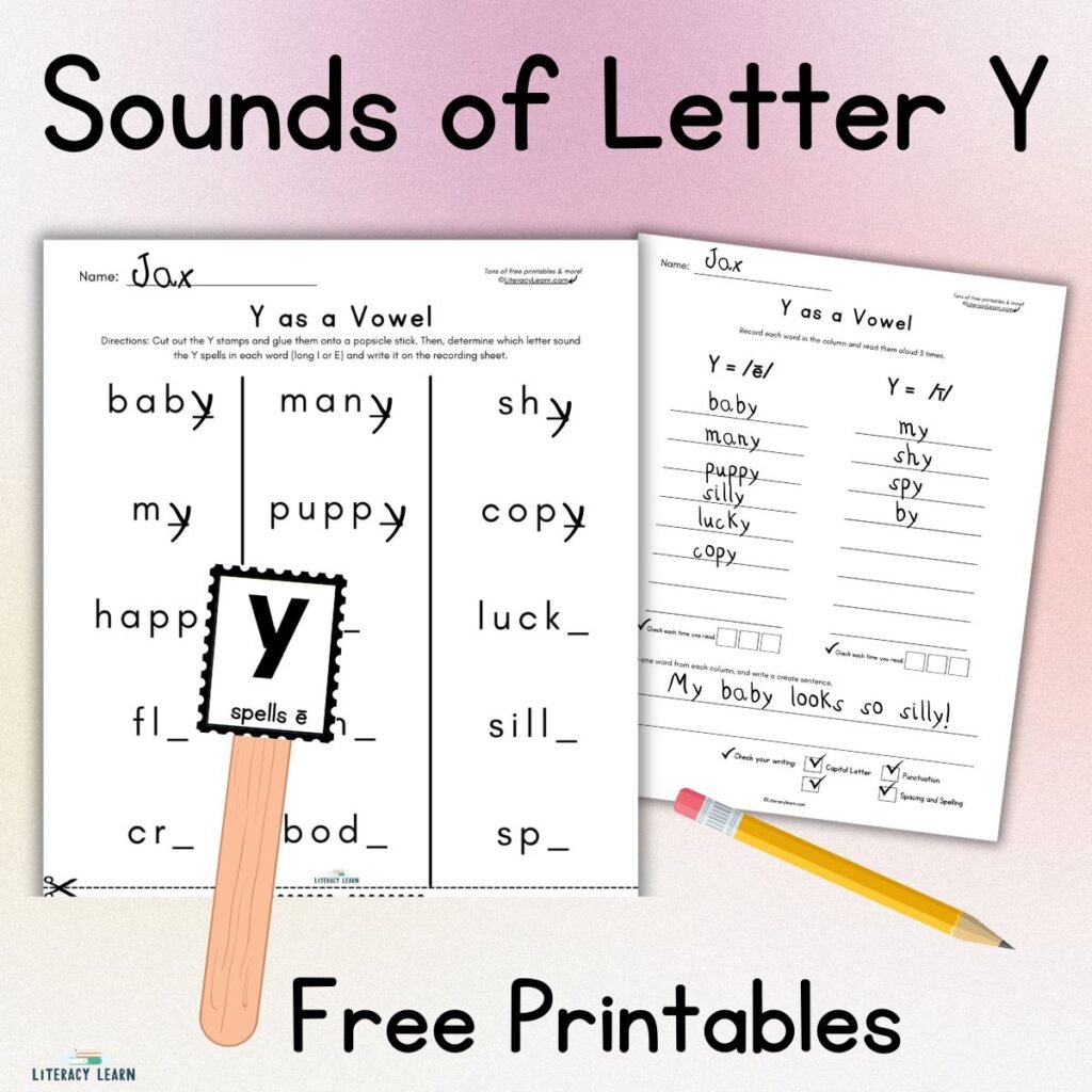Graphic showing "Sounds of Letter Y" with two Y vowel sound worksheets on a pink background.