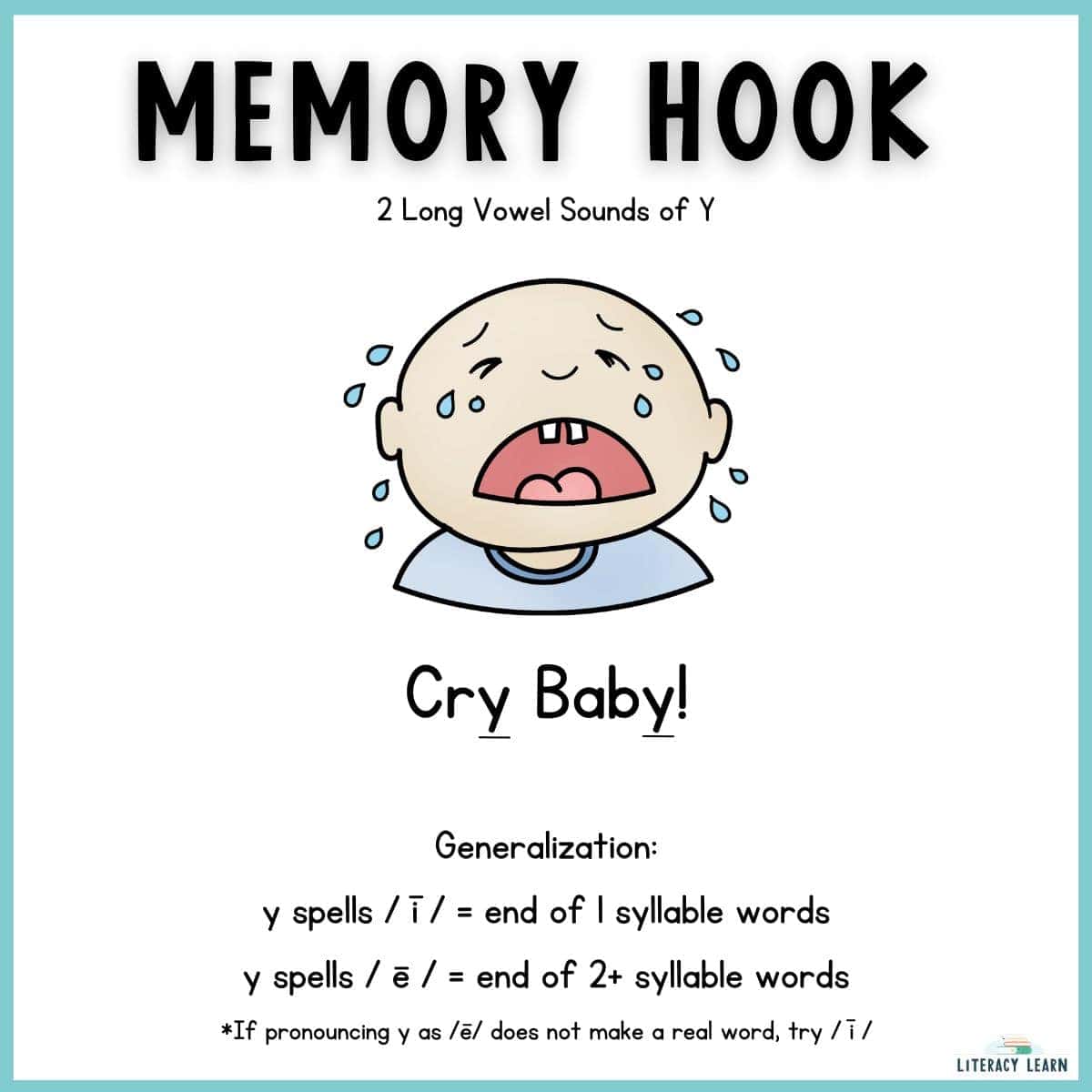 Graphic showing the memory hook "Cry Baby" to remember the pronunciation for long vowel Y.