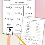 Pinterest graphic showing "Sounds of Letter Y" with two Y vowel sound worksheets on a pink background.