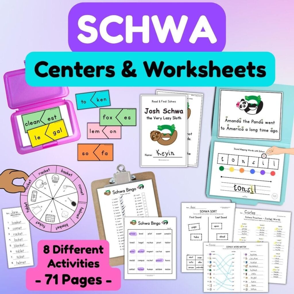 Graphic showing 8 activities for teaching schwa, including worksheets.