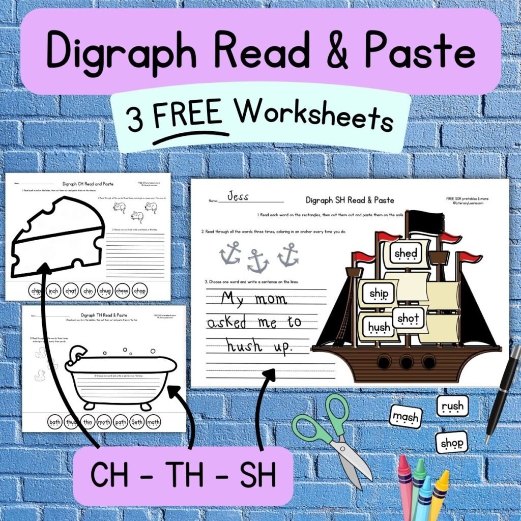 Colorful graphic with 3 free Digraph words read & paste worksheets for sh, th, and ch.