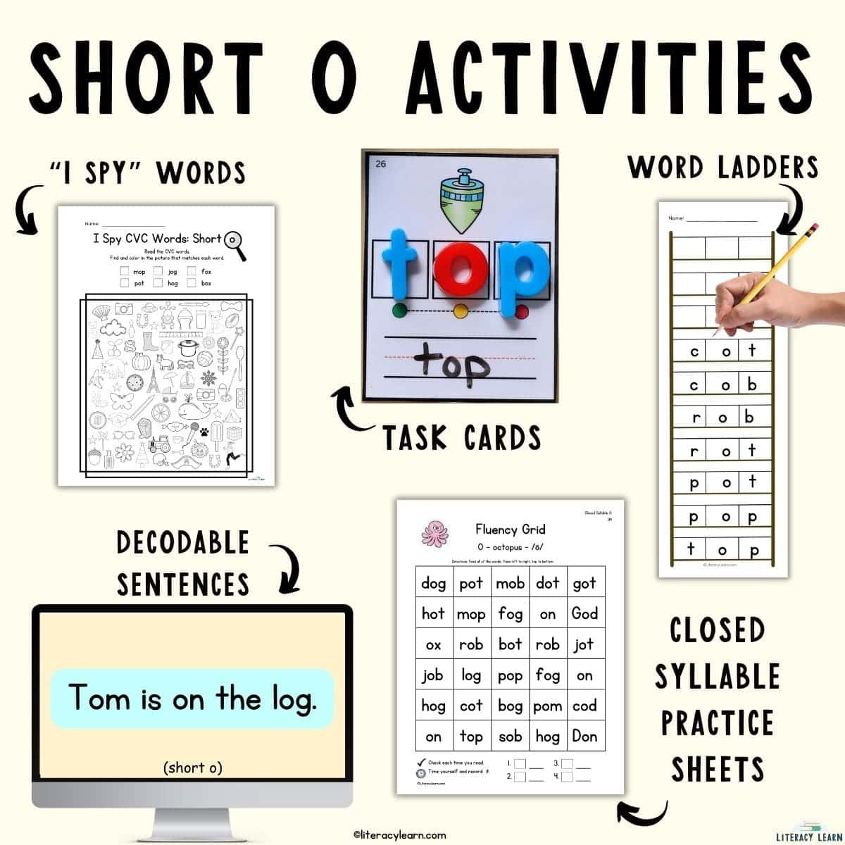 Graphic titled "Short O Activities" with sample activities and worksheets.