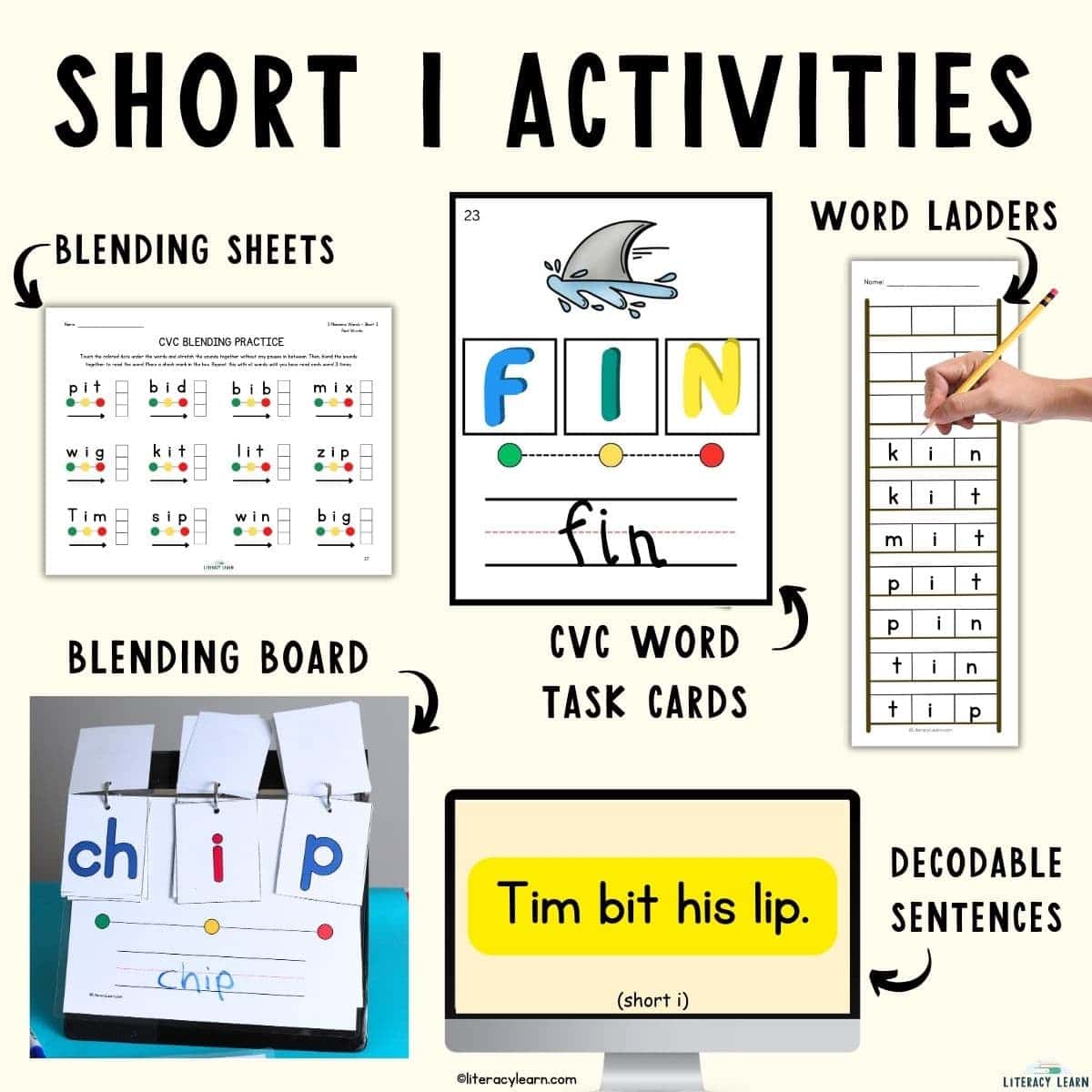 Graphic showing hands-on activities for teaching and practicing short i sound words.