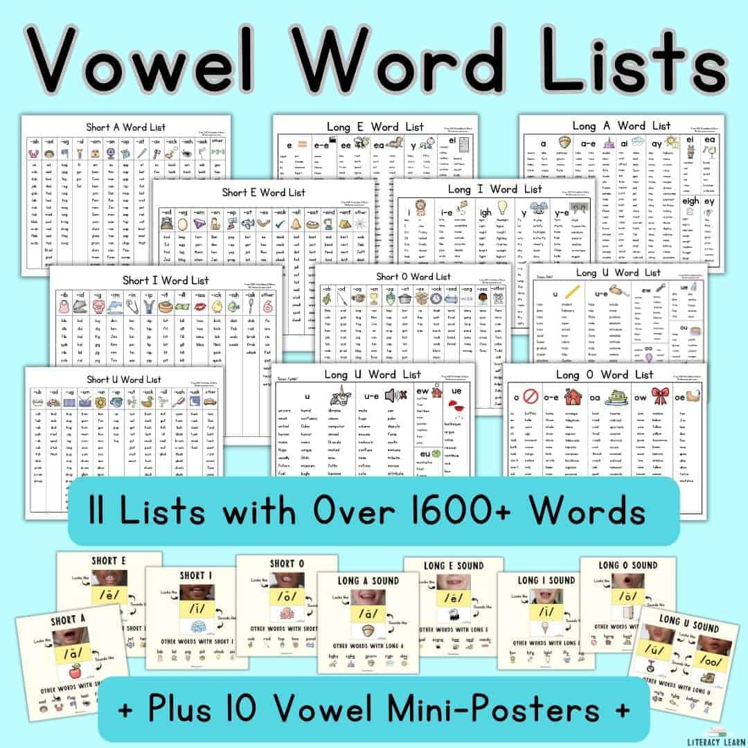 Blue graphic showing short and long vowel word lists and vowel mini-posters.