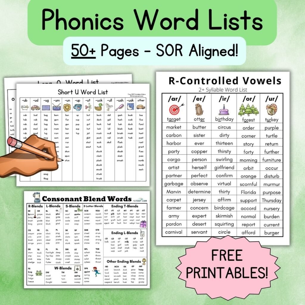 Colorful graphic showing free printable phonics word lists.