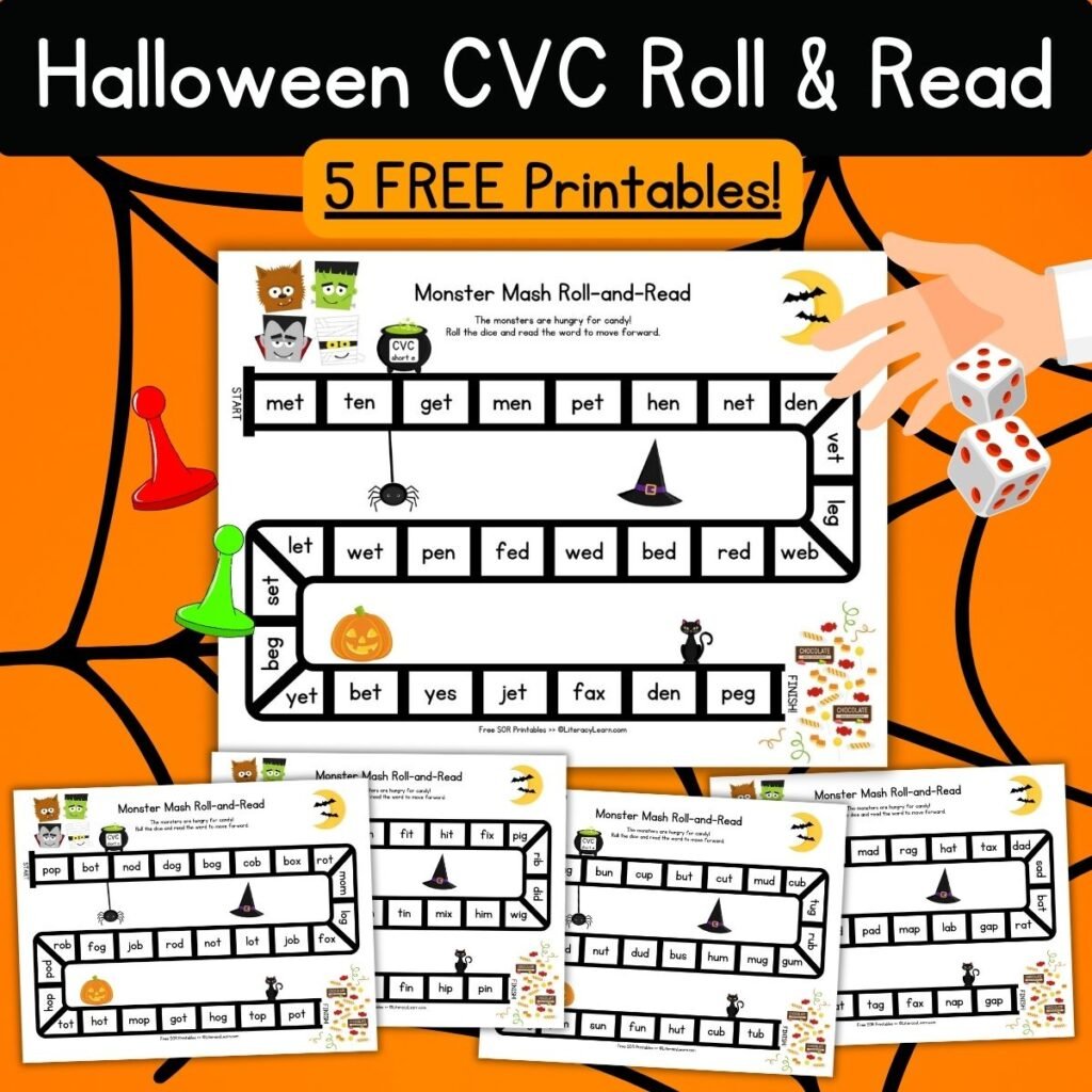 Graphic with five roll & read CVC word worksheets on an orange background.