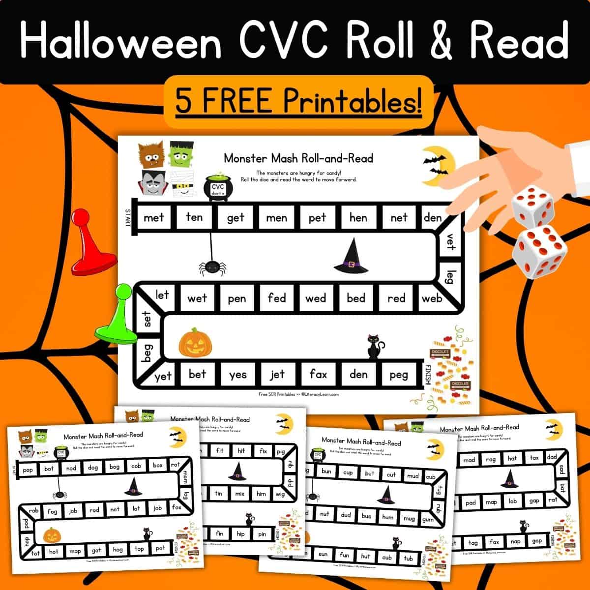 Halloween CVC Roll & Read Games - 5 FREE Printables - Literacy Learn