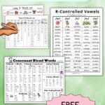 Pinterest graphic showing lots of free printable phonics word lists.