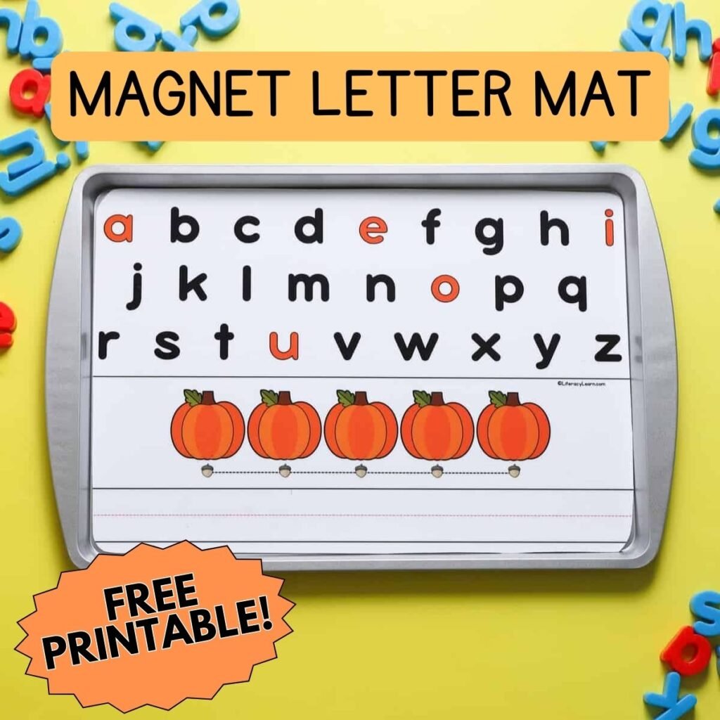 Graphic with free pumpkin-themed magnet letter mat for baking sheet.