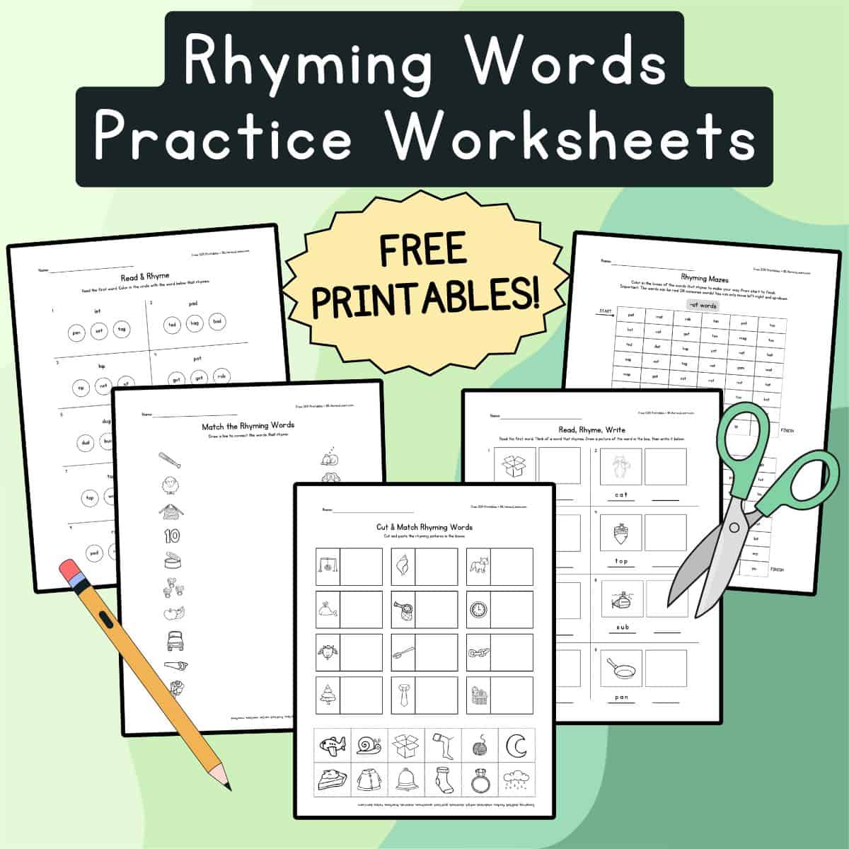 Graphic with five rhyming words worksheets on a colorful green background.