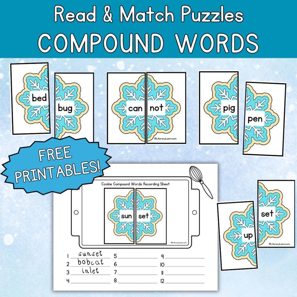 Colorful graphic with free printable compound word puzzles on sugar cookies.