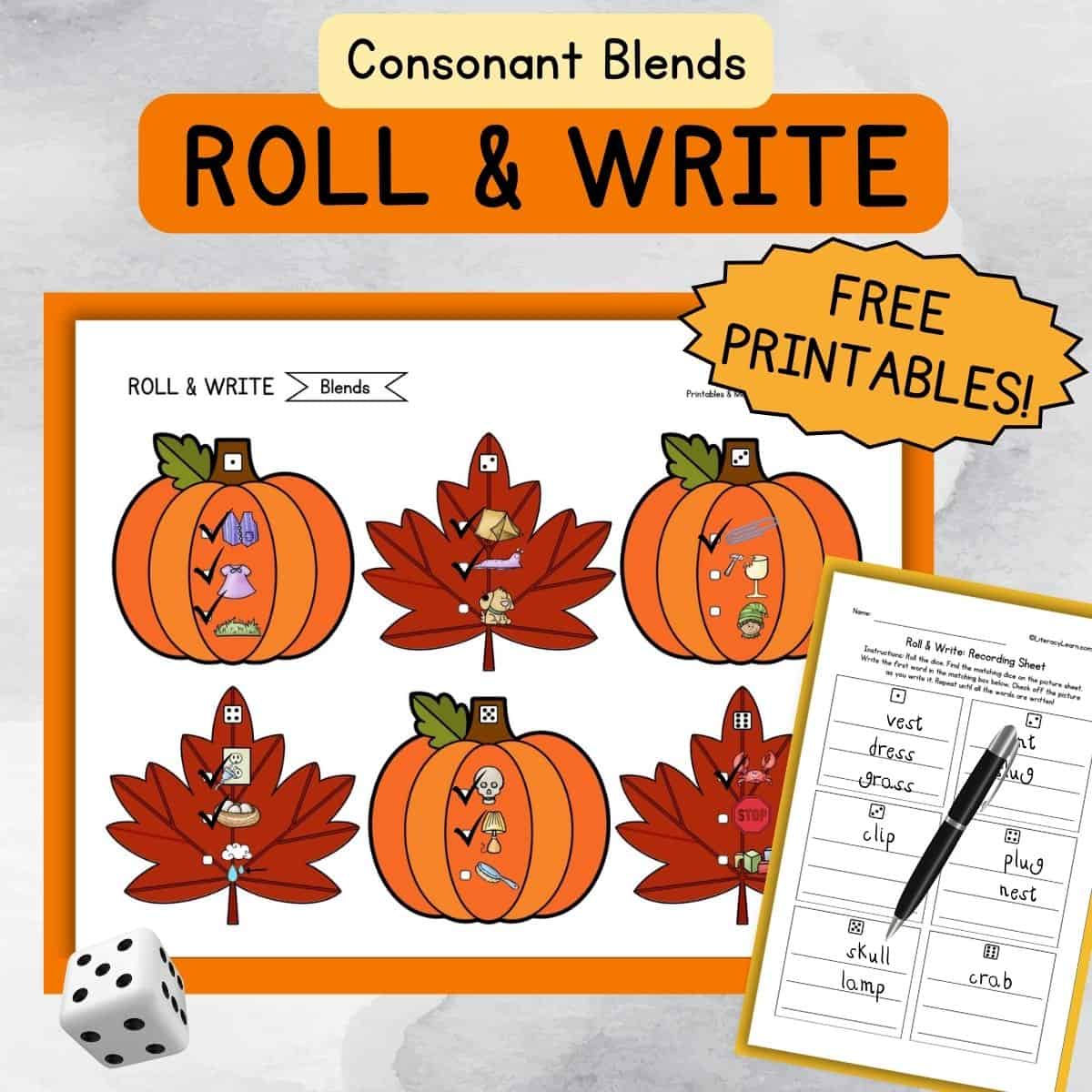 Colorful graphic with free printable Fall-themed Roll and Write worksheet for consonant blends.