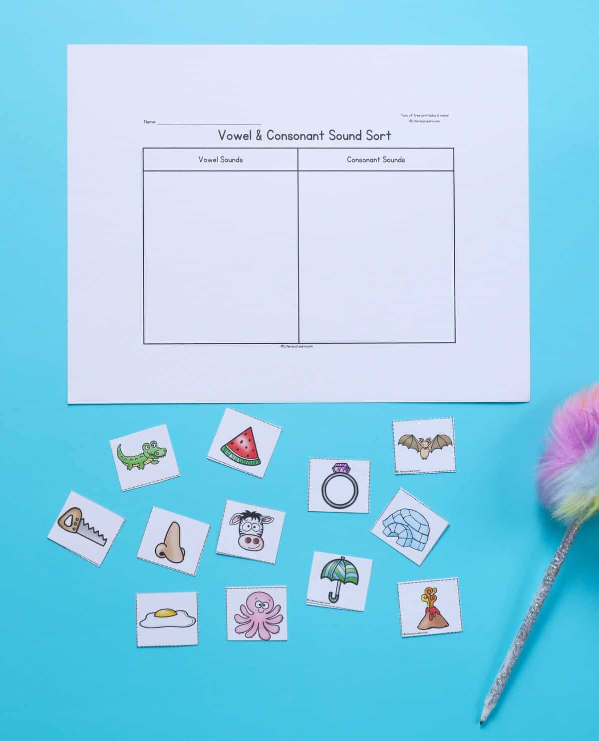 Photo of blank vowel and consonant pocture sort printable.