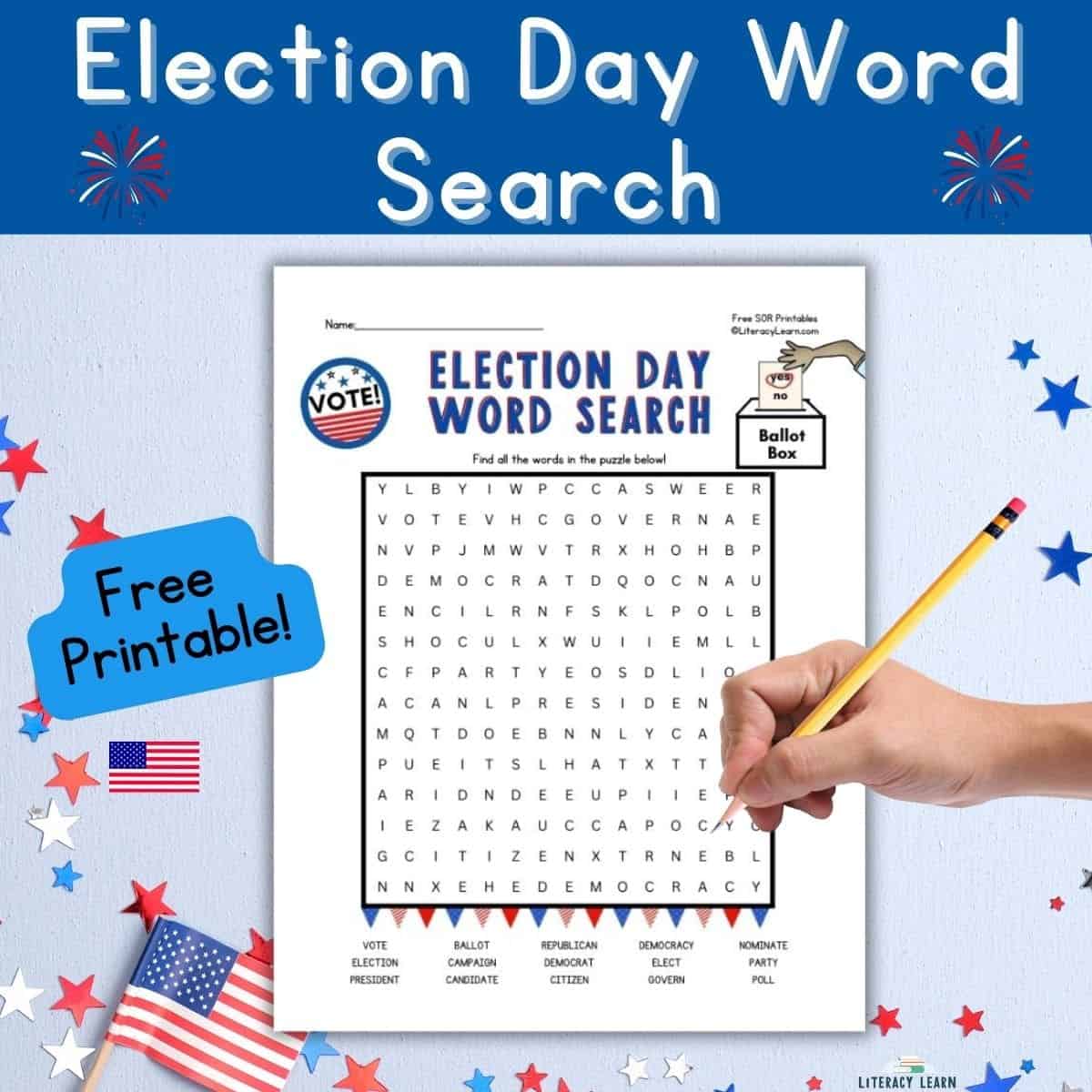 Graphic entitled "Election Day Word Search" with patriotic USA colors and free printable.