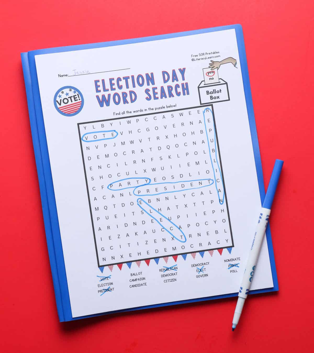 A printed Election Day word search on a blue and red background.