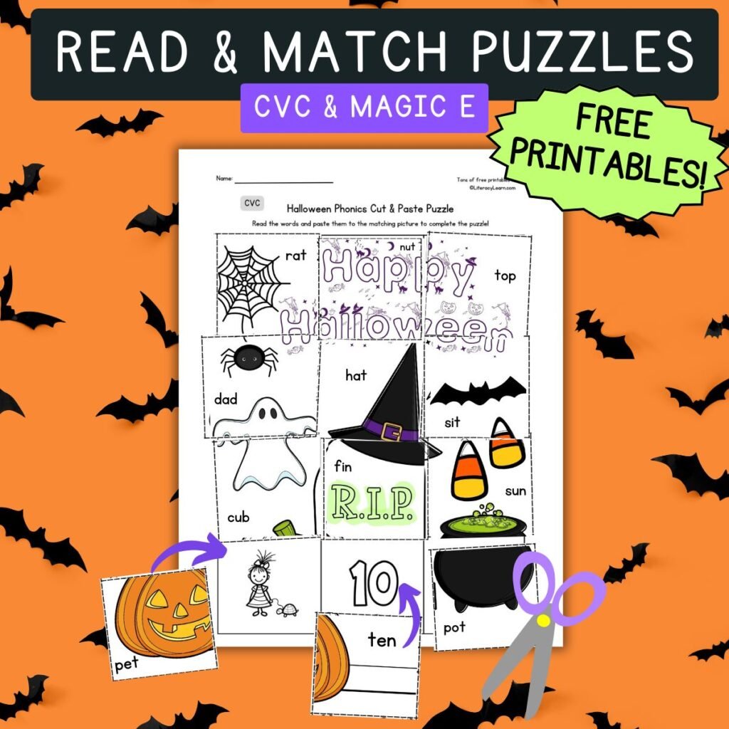 Graphic with free printable Halloween Read-and-Match Puzzle worksheets for CVC and Magic e words.