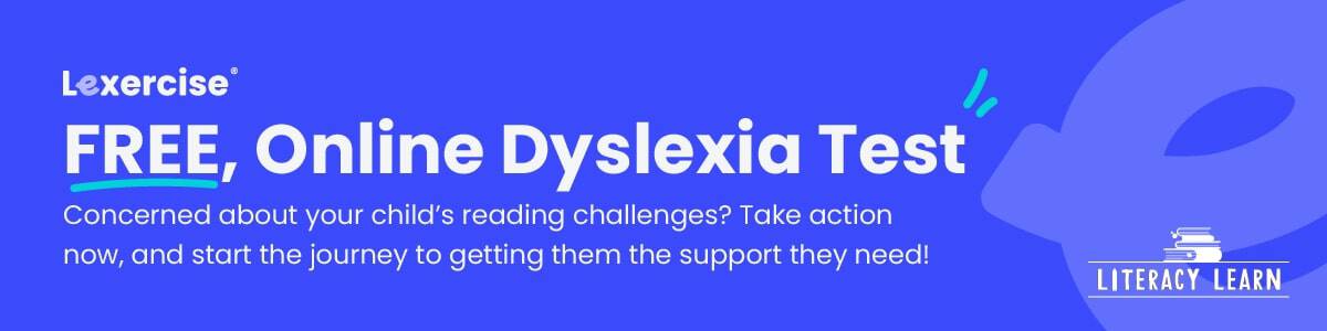 Graphic with text that reads, "Free Dyslexia Screener" for parents concerned with their child's reading level.