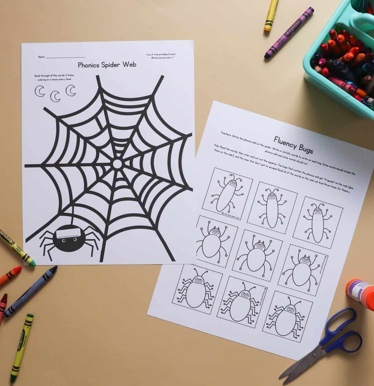 Two phonics practice spider web printables - one with spider web and one with cut out bugs.