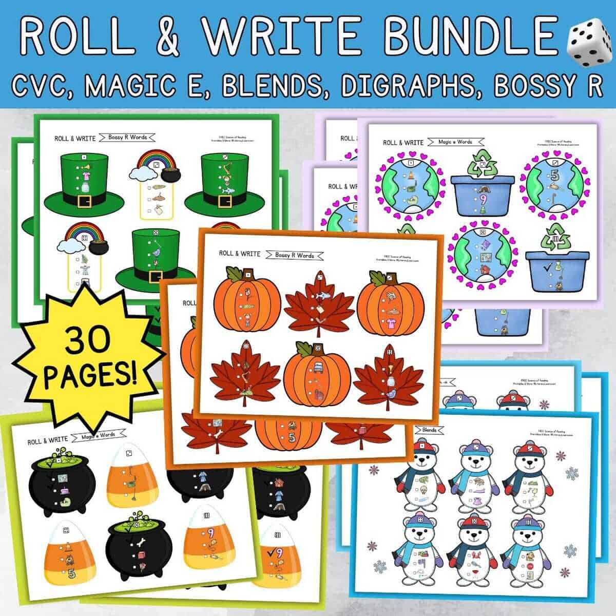 Colorful graphic for bundle of resources with 30 pages of roll & write pages.