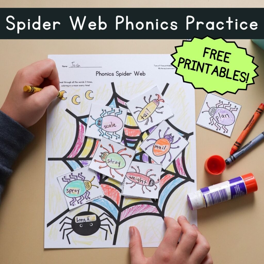 Graphic with a child coloring and text, "Spider Web Phonics Practice -Free printable!"