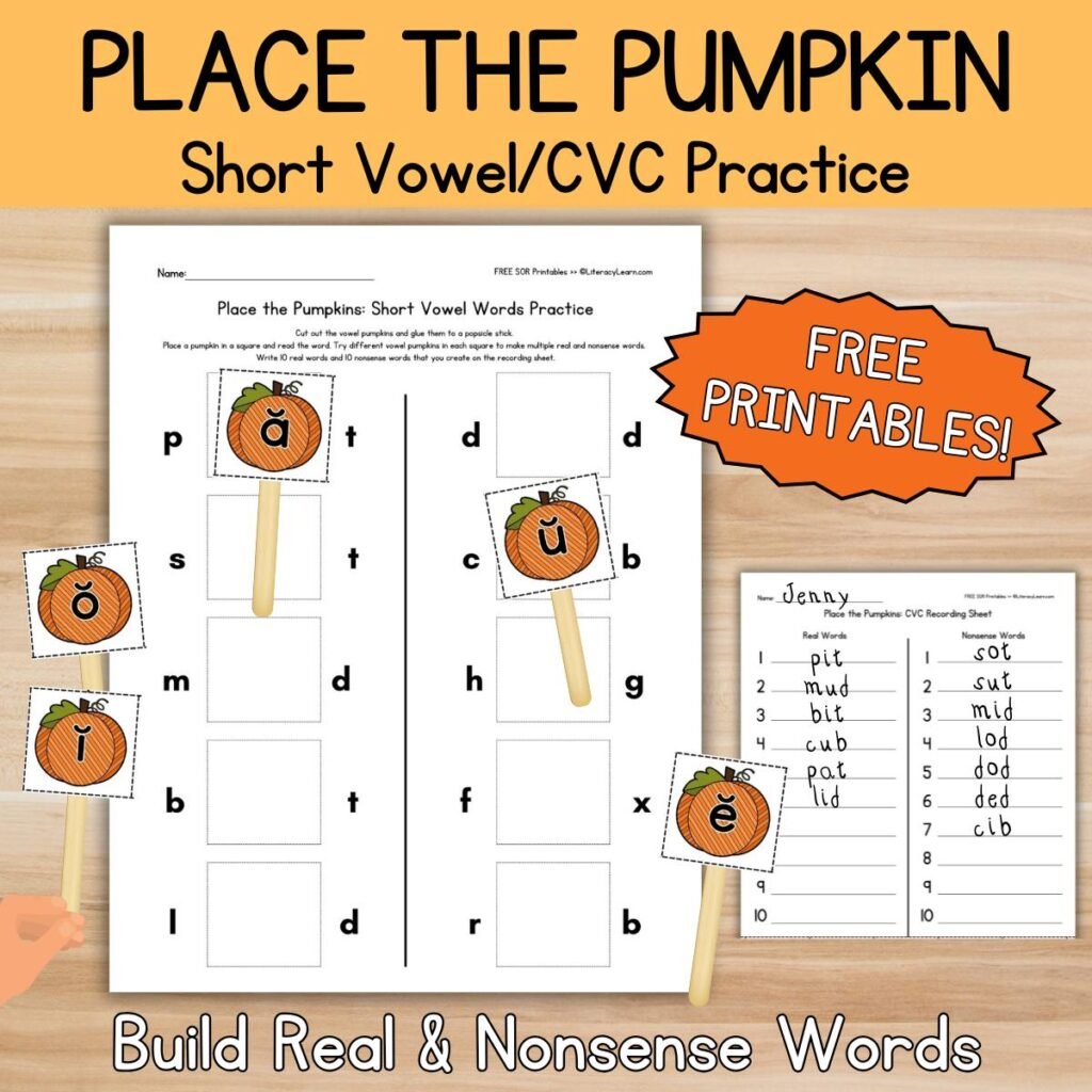 Colorful graphic with free printable short vowels on cut-out pumpkins to practice building CVC words.