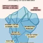 Infographic entitled, "the dyslexia iceberg" explaining hidden and visible symptoms of dyslexia.