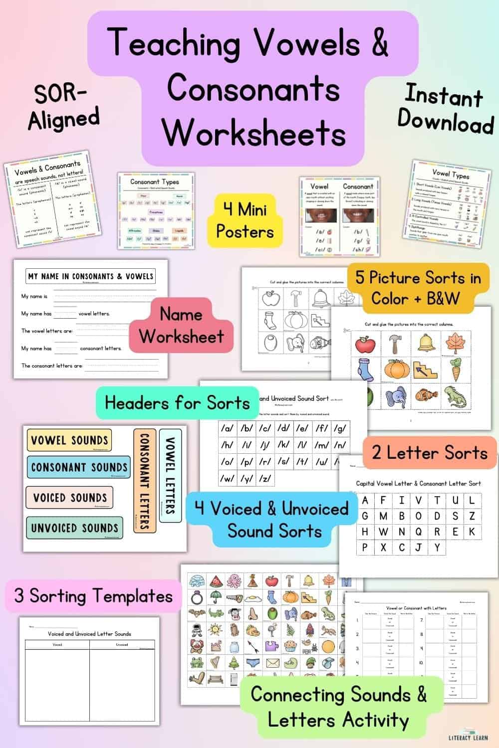 Graphic titled "Teaching Vowels and Consonants Worksheets" with tons of example activities with labels.