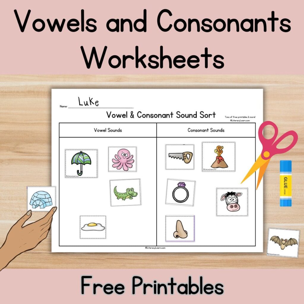 Graphic with a printable vowels and consonants sorting sounds worksheet.