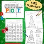 Colorful holiday-themed Pinterest graphic with free CVC words practice worksheets.