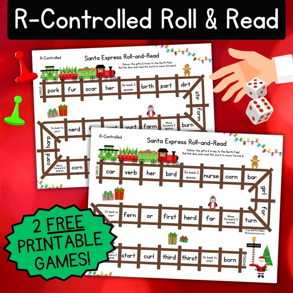 Colorful graphic with two holiday themed free R-Controlled roll & read games.