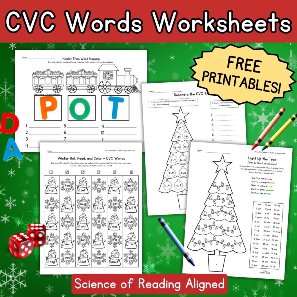 A colorful, Christmas-themed graphic with free printable CVC Words worksheets for Kindergarten.