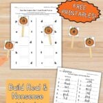 Colorful Pinterest graphic with free printable pumpkin-themed short vowel worksheets.