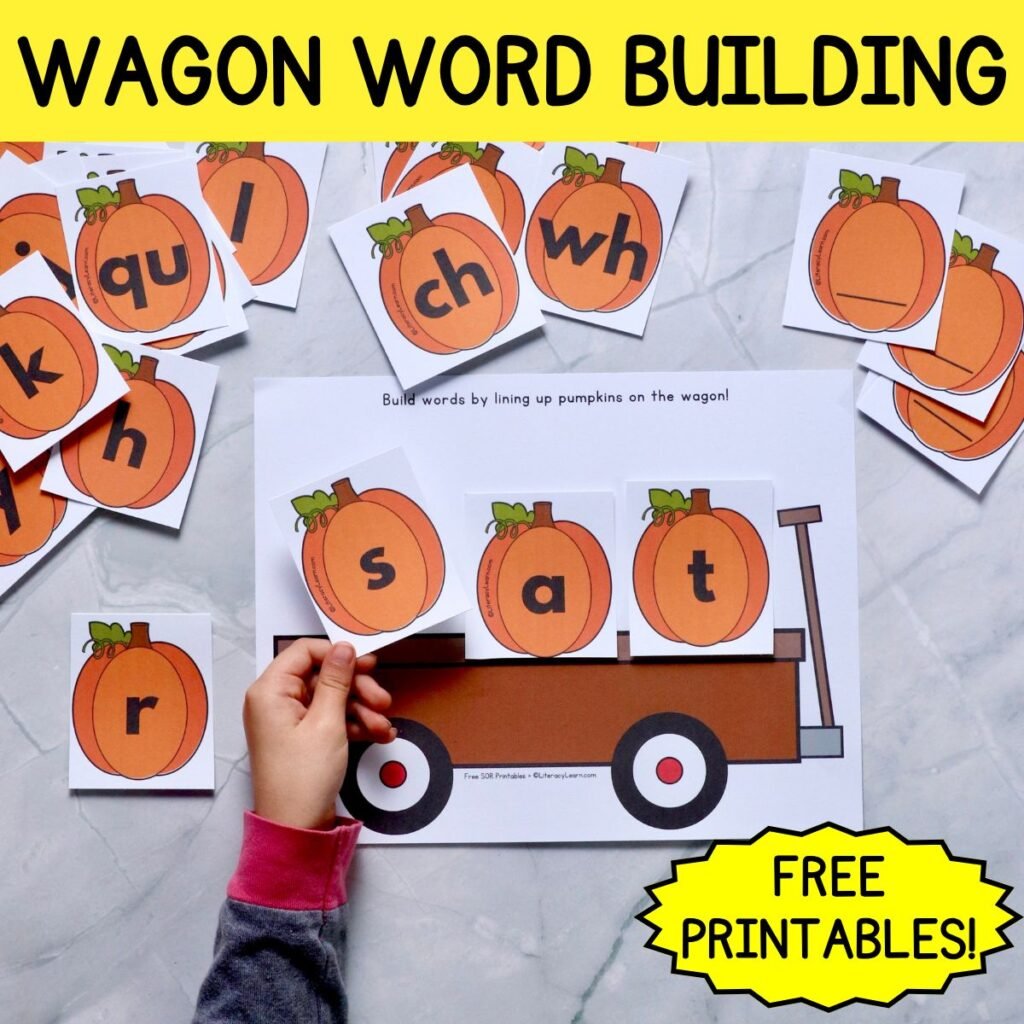 Graphic with free printable fall-themed wagon word building printables.