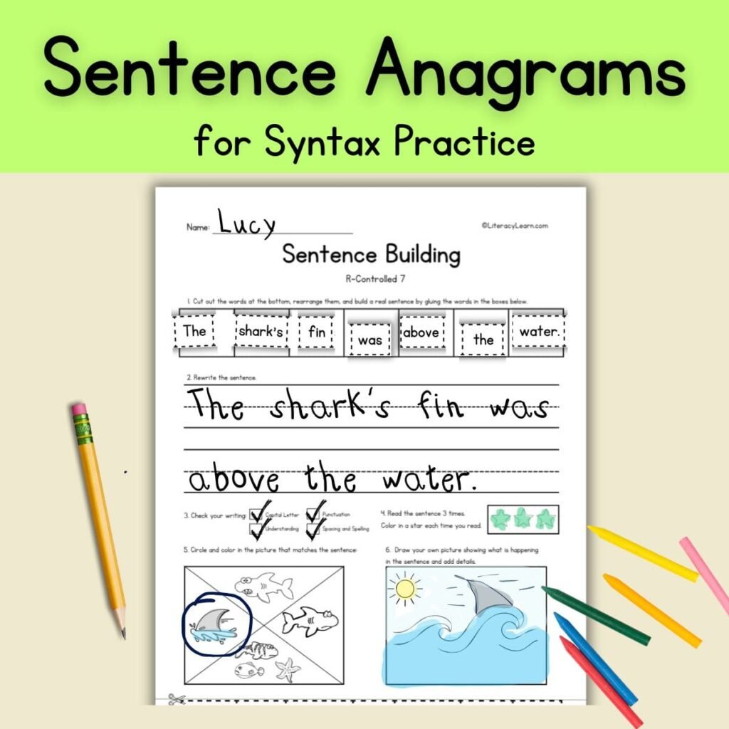 Colorful graphic with a worksheet that reads, "Sentence Anagrams for Syntax Practice."