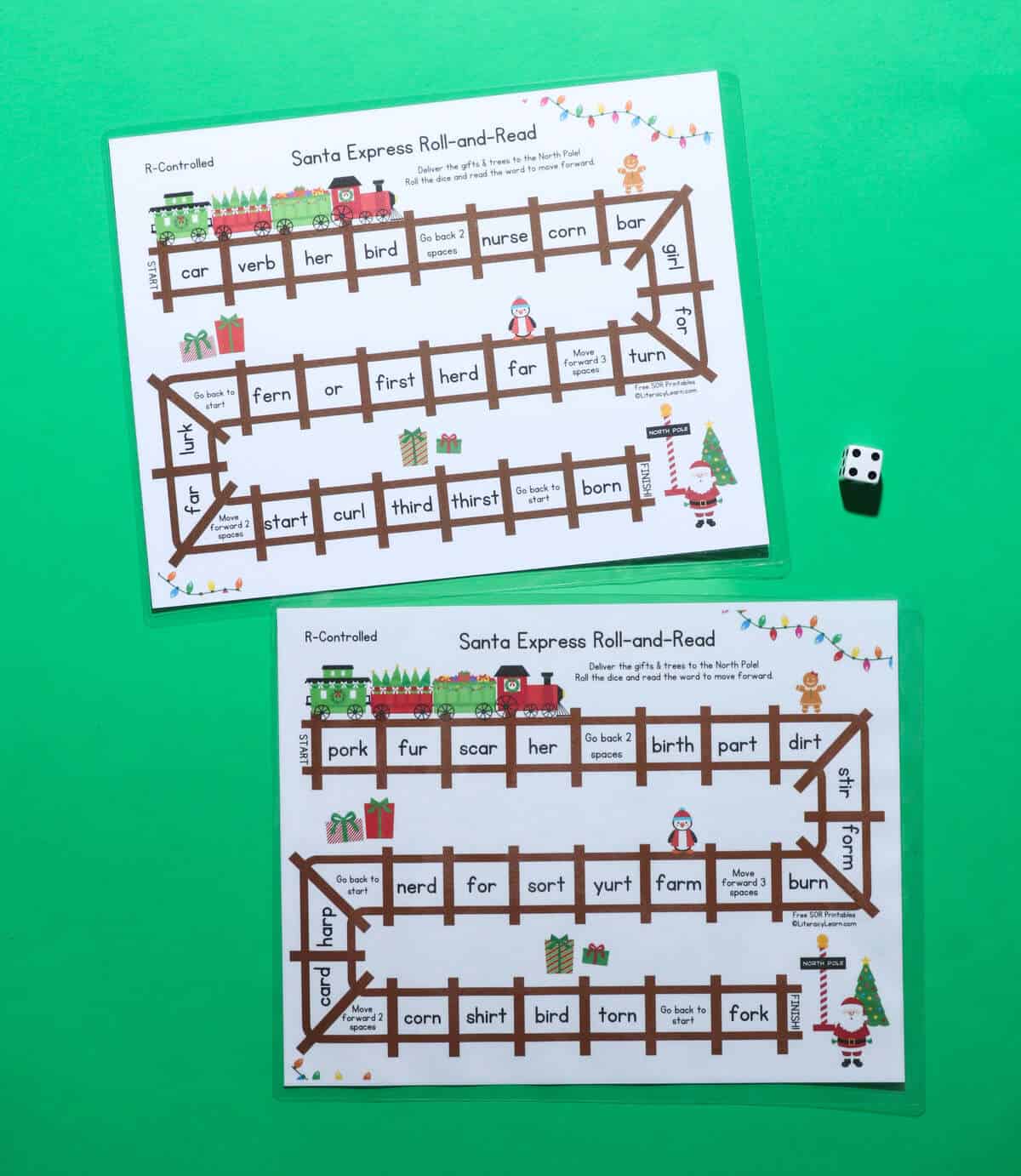 Two printed Christmas-themed roll & read games for r-controlled words.