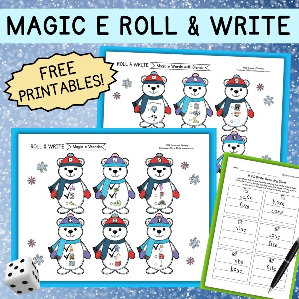 Colorful graphic with free Winter-themed Roll & Write Magic e Words printables.