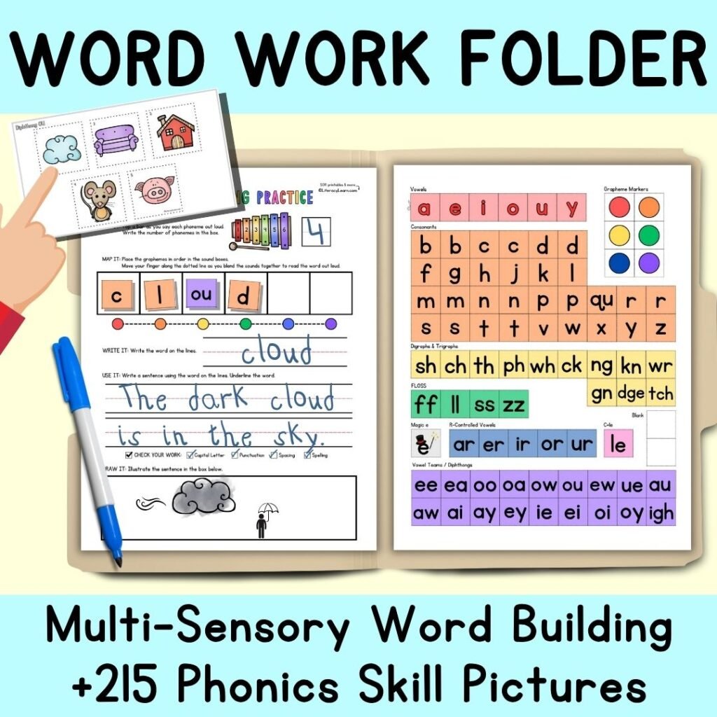 Colorful graphic with word work folder and phonics skill picture cards.